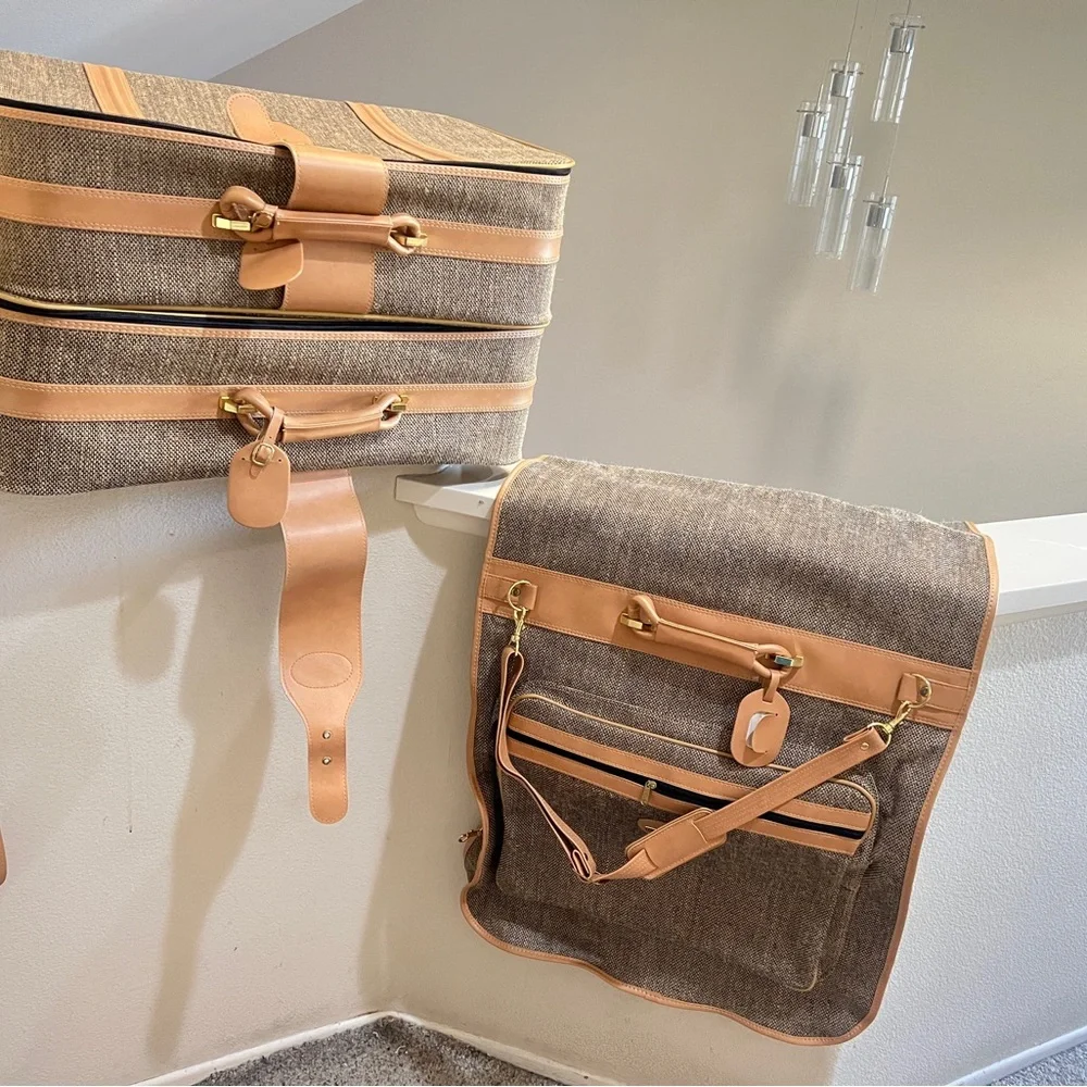 5th Ave three tan tweedTravel set . Two Suitcase and garment bag Set New no tags